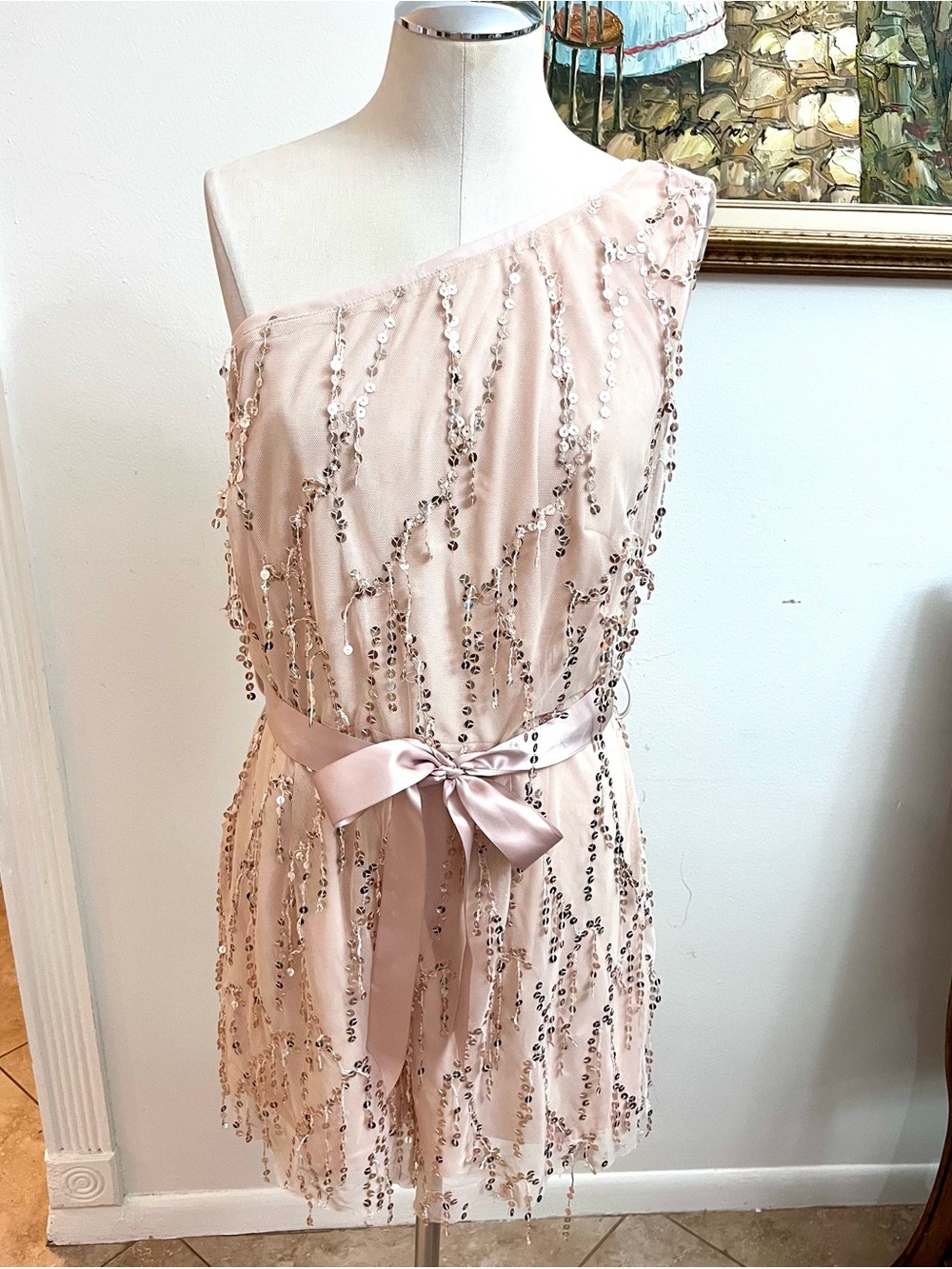 One-Shoulder Sequin Romper in Blush with Satin Waist Tie